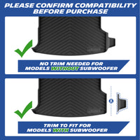 Michelin TPE trunk mat compatibility notice. No trimming required for vehicles without subwoofer; trim the mat to fit models equipped with subwoofer.