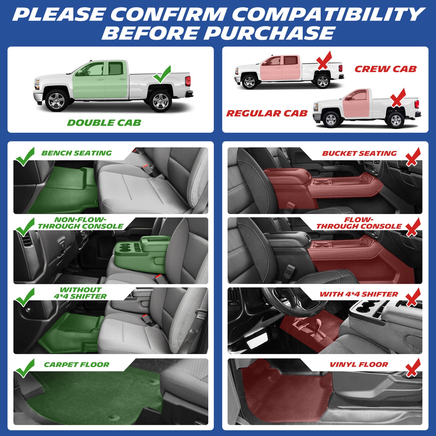 Chevrolet Silverado floor mats compatibility guide showing Double Cab fitment and vehicle configurations