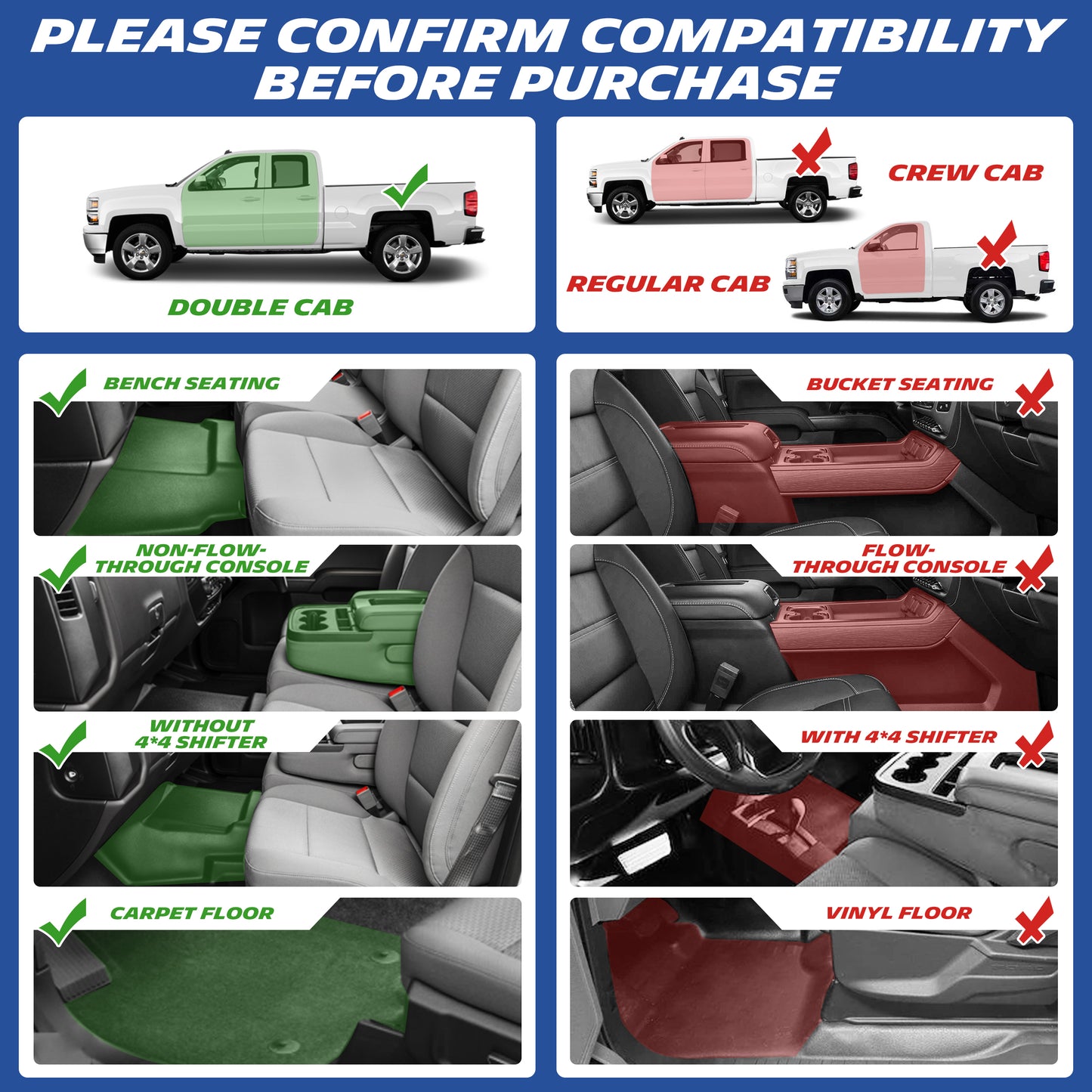 Chevrolet Silverado floor mats compatibility guide showing Double Cab fitment and vehicle configurations