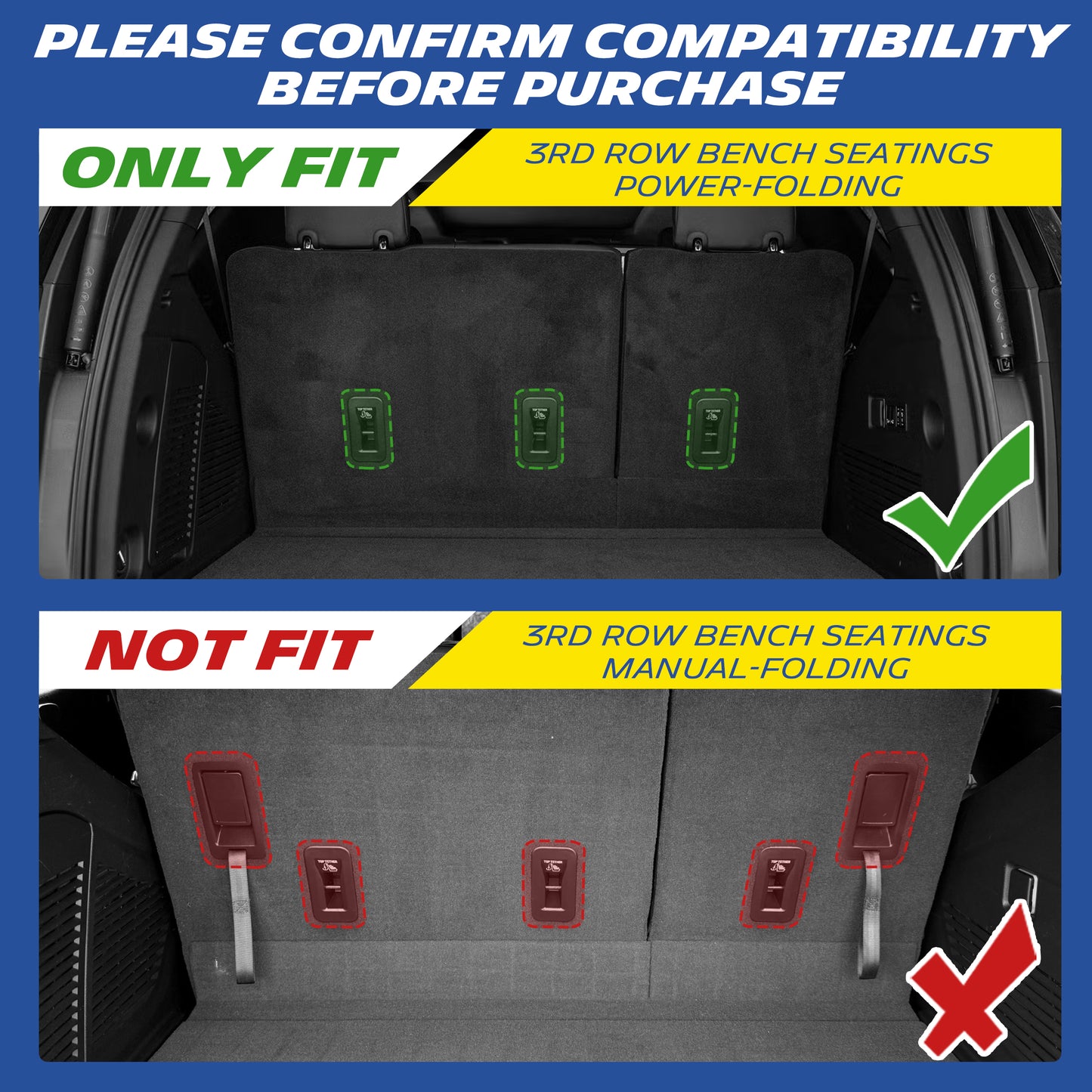 Third row seat compatibility guide, fits power-folding bench, excludes manual-folding