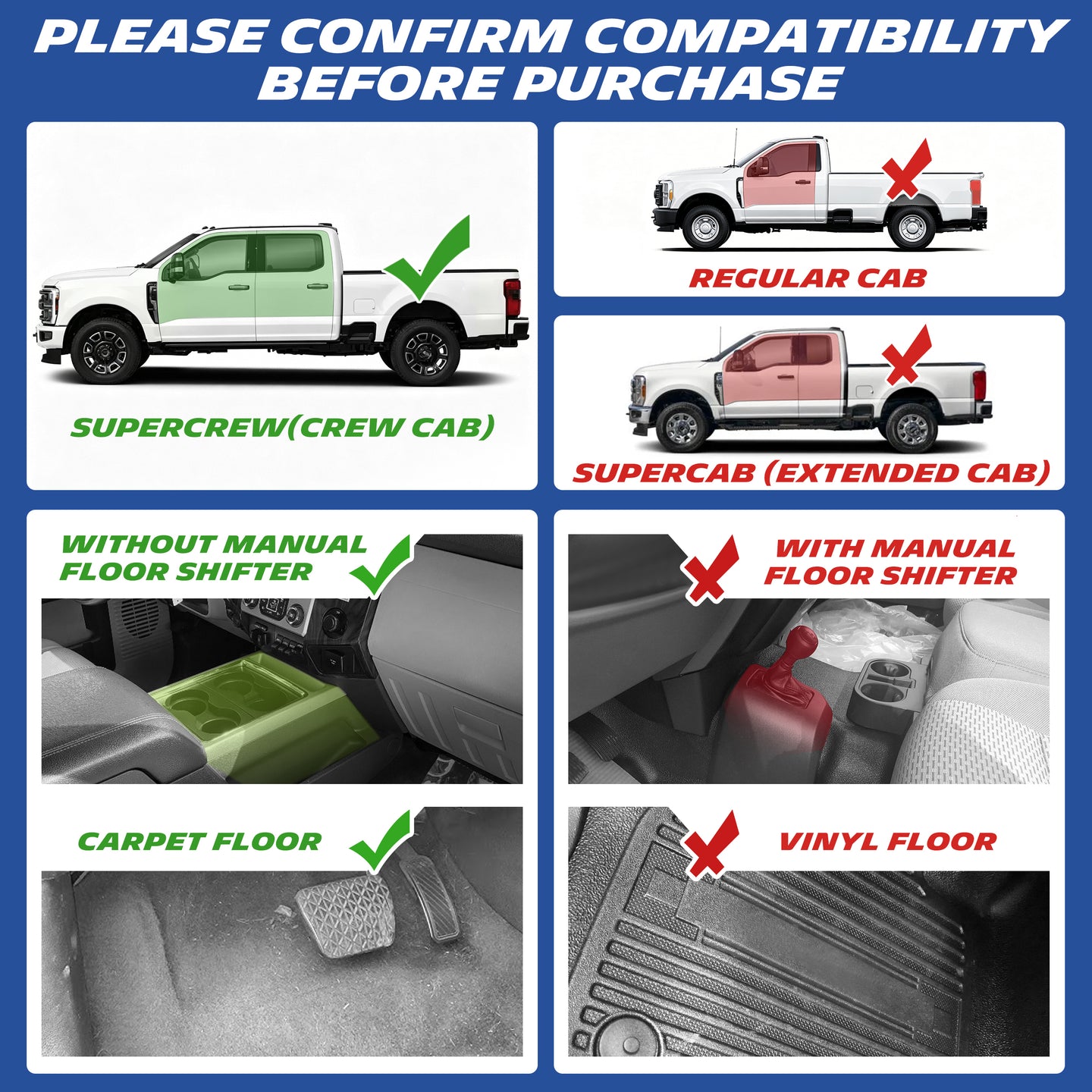 Fitment guide: fits Ford Super Duty Crew Cab, carpet floor, no manual floor shifter.