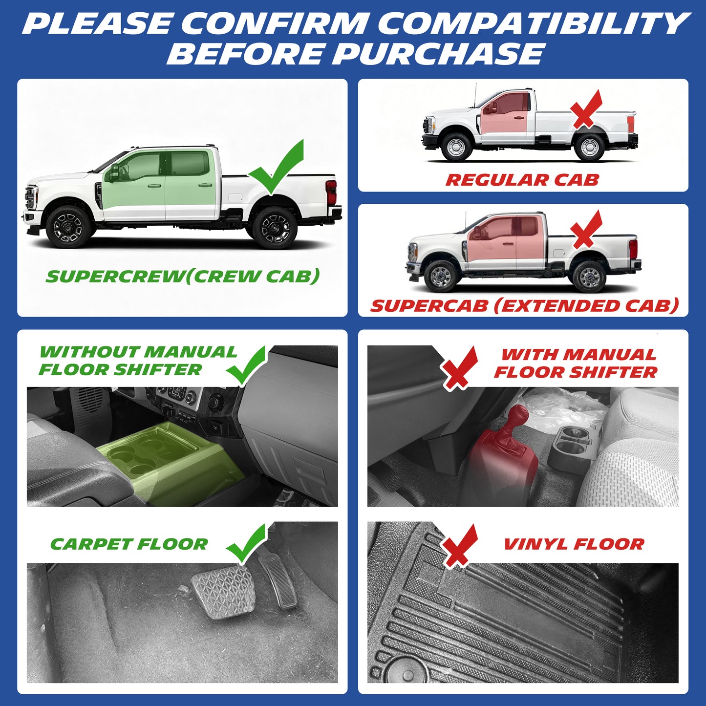 Fitment guide: fits Ford Super Duty Crew Cab, carpet floor, no manual floor shifter.