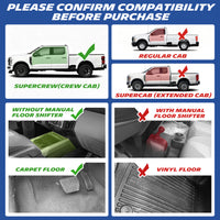 Fitment guide: fits Ford Super Duty Crew Cab, carpet floor, no manual floor shifter.