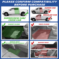Compatibility chart for Ford F150 floor mats: fits SuperCrew Cab with carpet floor and bench seat (no center console); incompatible with Super Cab, Regular Cab, vinyl floor and bucket seat variants.