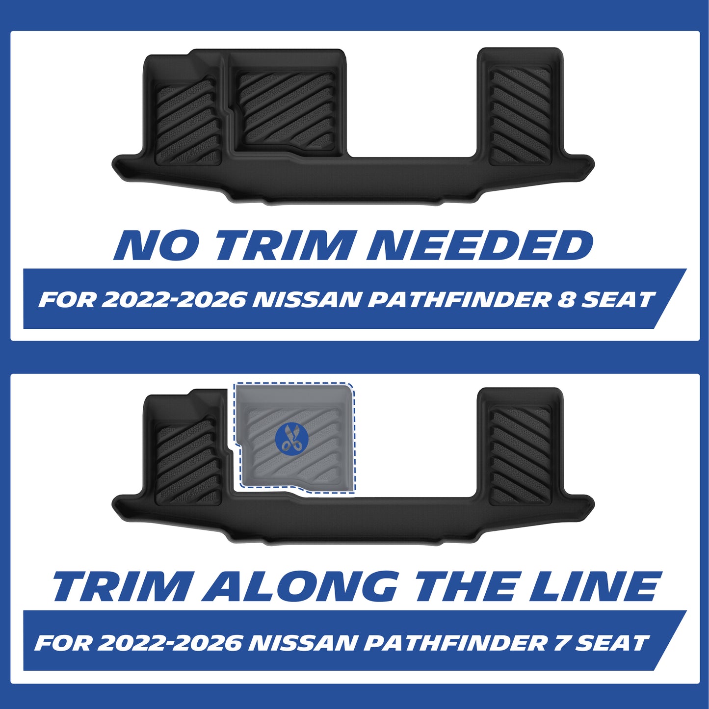  Comparison diagram of Nissan Pathfinder second-row mat: no trimming for 8-seat version, cut along marked line for 7-seat model