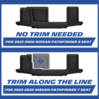  Comparison diagram of Nissan Pathfinder second-row mat: no trimming for 8-seat version, cut along marked line for 7-seat model