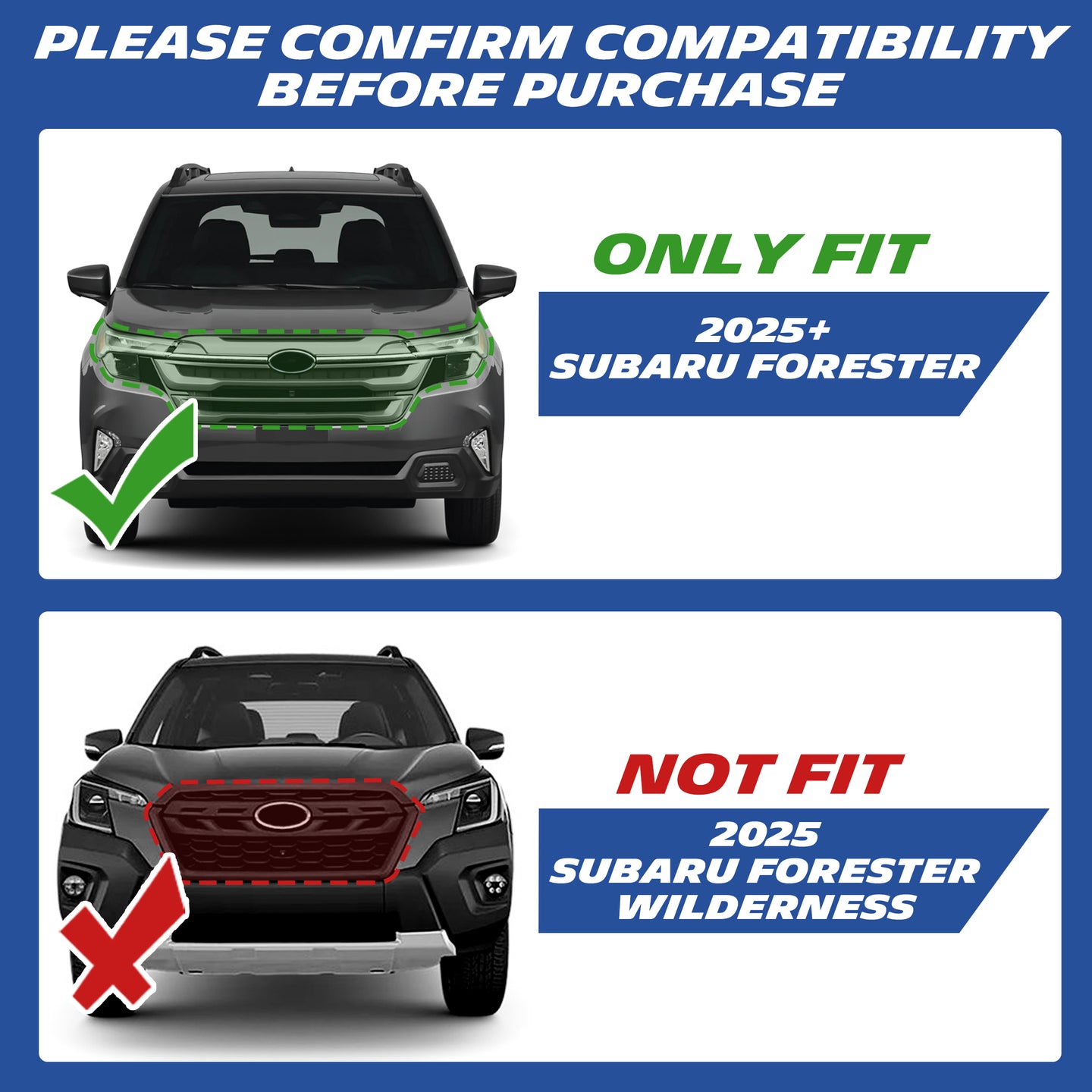 Compatibility guide: fits 2025+ Forester, not fit Wilderness trim