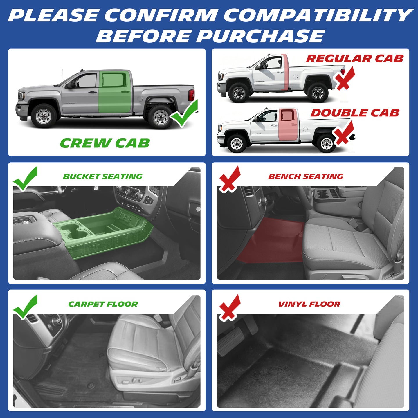 Chevrolet Silverado floor mats compatibility guide showing Double Cab fitment and vehicle configurations