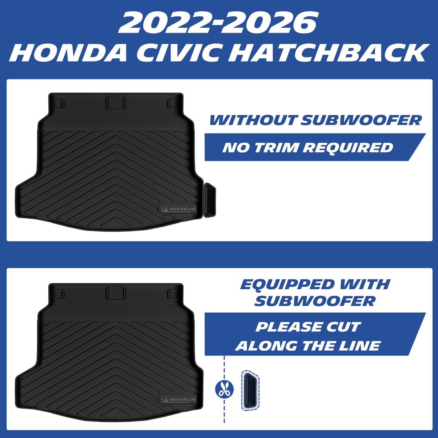 Cargo liner compatibility guide for 2022-2026 Honda Civic Hatchback with/without subwoofer

