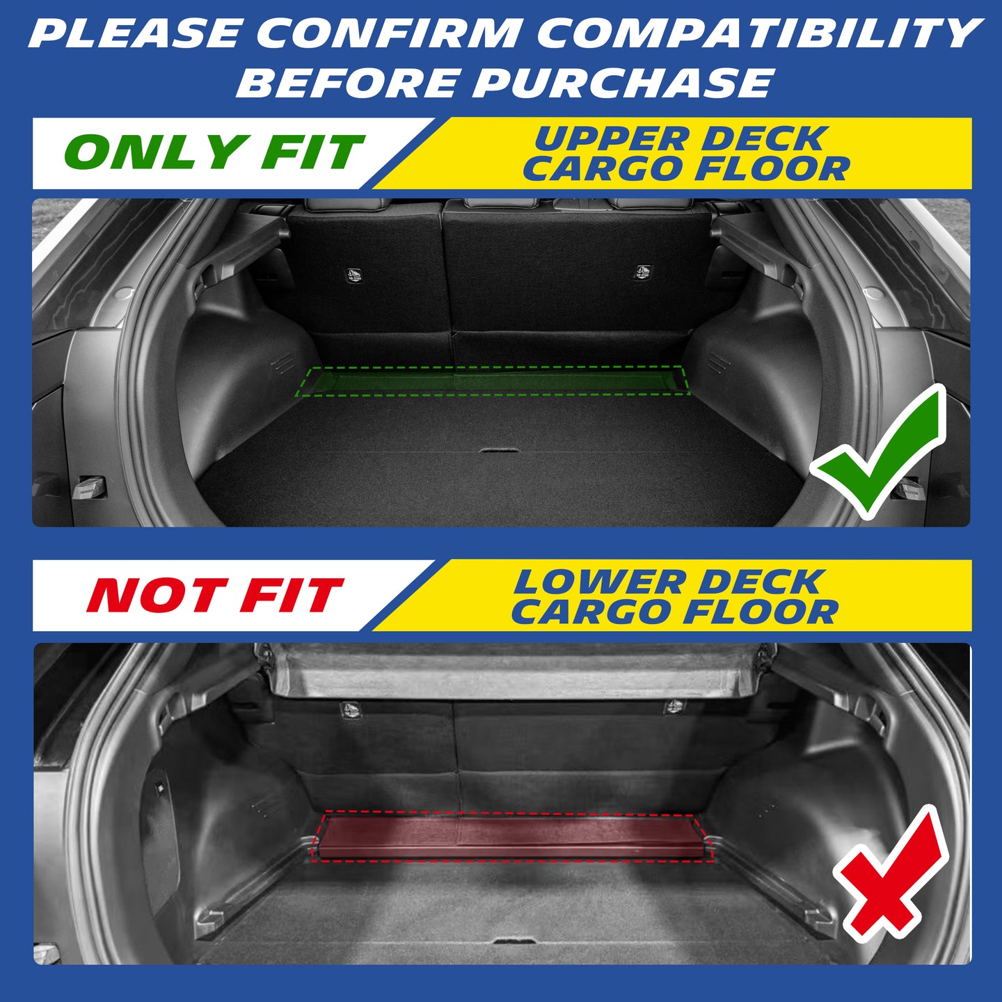 Compatibility reminder diagram: cargo mat only fits upper deck cargo floor, not compatible with lower deck cargo floor.