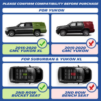 Fitment chart: mats suit 2015-2020 GMC Yukon XL with 2nd row bucket seats; not for Yukon or bench seat versions.