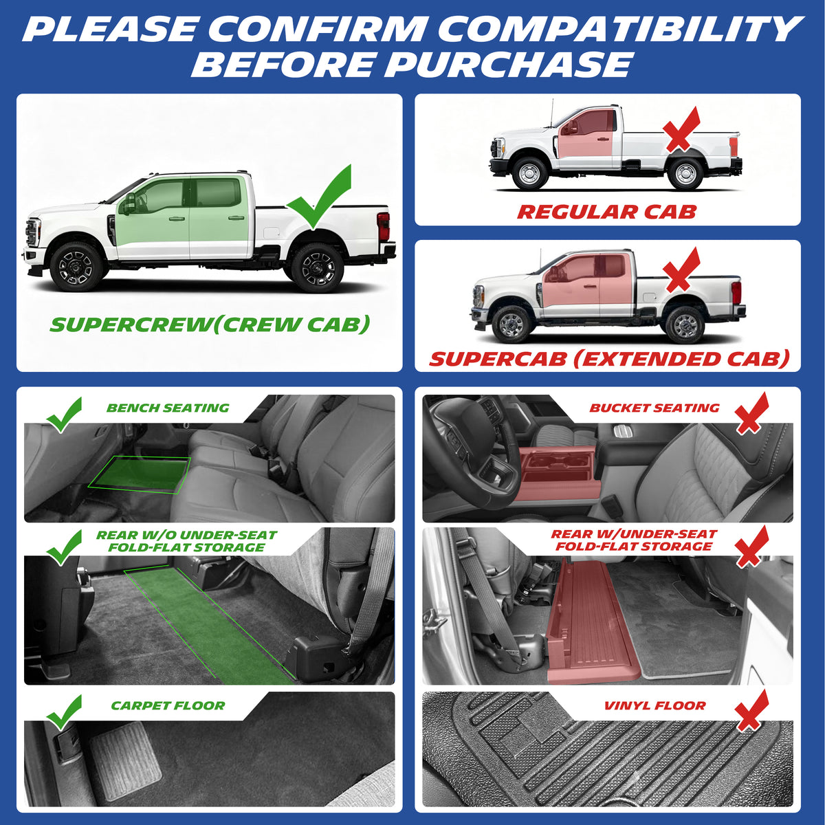 Ford Super Duty truck cab & seating compatibility reference chart