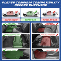 Fitment chart: compatible with Ford F150 super Cab, bucket seats, under-seat storage and carpet floor.