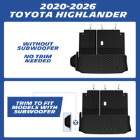 Custom TPE floor liner for 2020-2026 Toyota Highlander Hybrid. Precision blue laser scanning for accurate fit, not for gas Highlander or Grand Highlander.