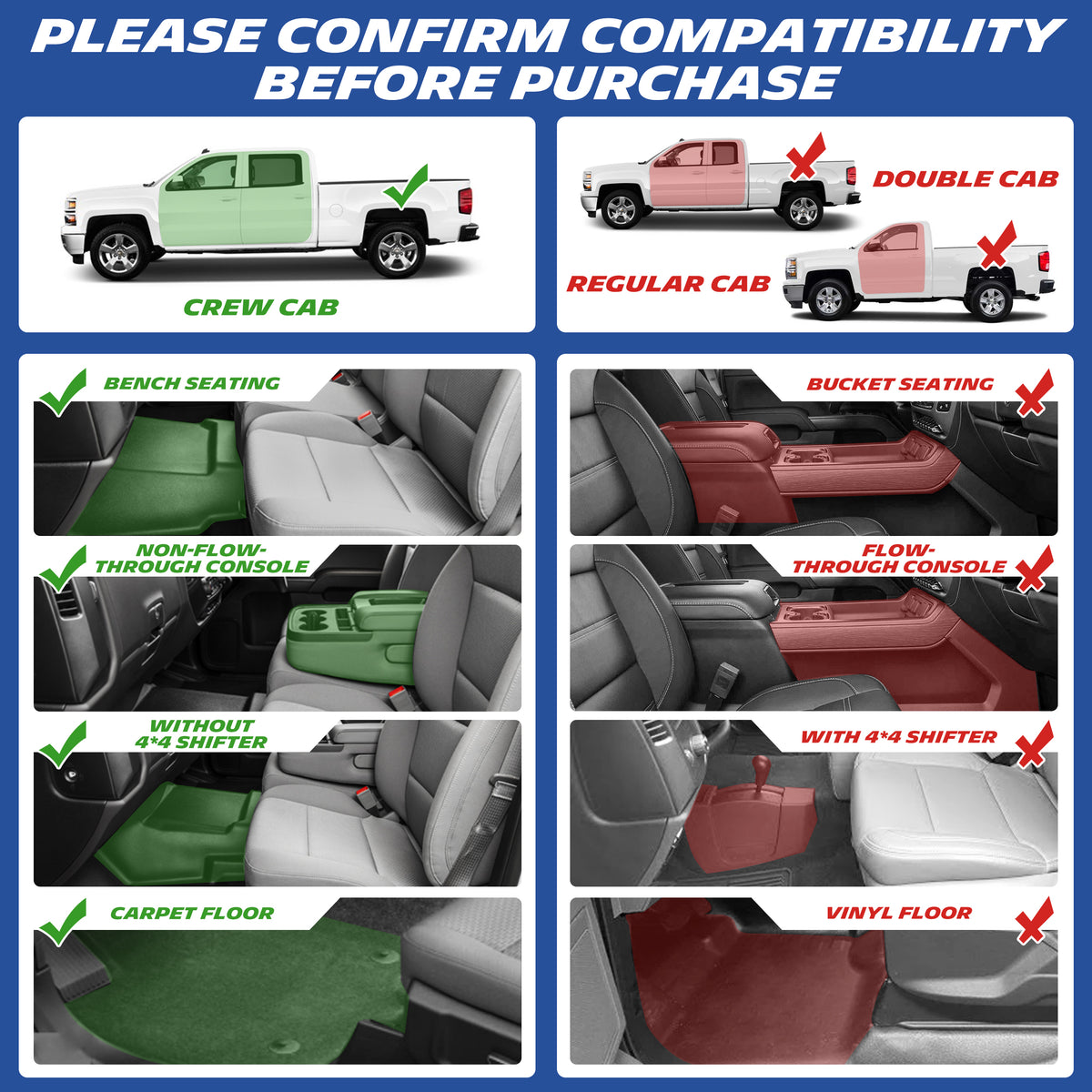 Chevrolet Silverado floor mats compatibility guide showing Crew Cab fitment and vehicle configurations