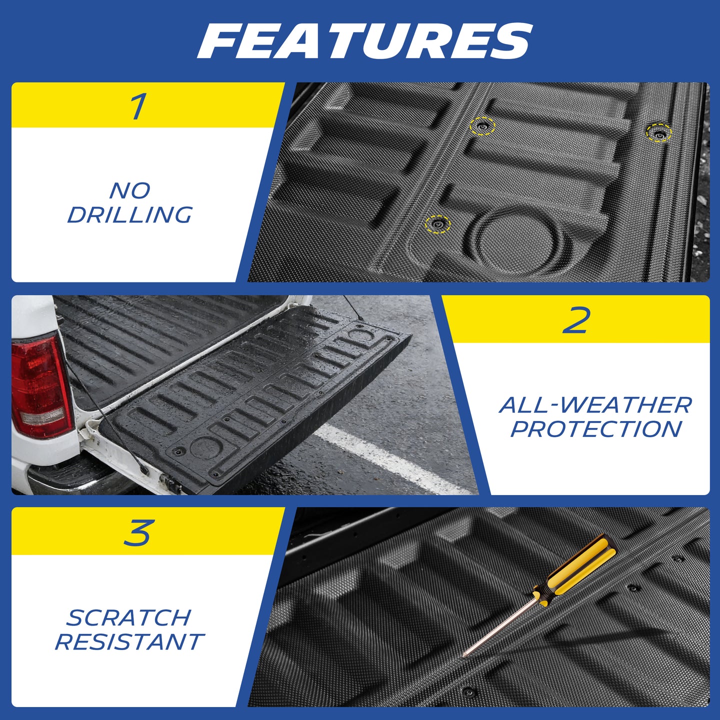 Product features graphic: no‑drill install, all‑weather protection, scratch‑resistant tailgate mat
