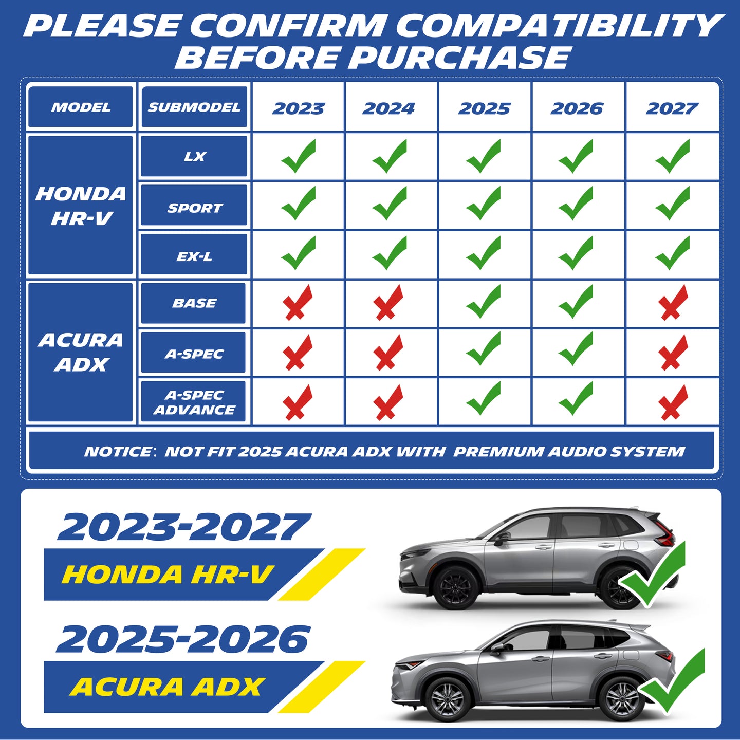 Fitment chart for Honda HR-V and Acura ADX, note: incompatible with 2025 Acura ADX premium audio version