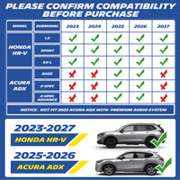 Fitment chart for Honda HR-V and Acura ADX, note: incompatible with 2025 Acura ADX premium audio version