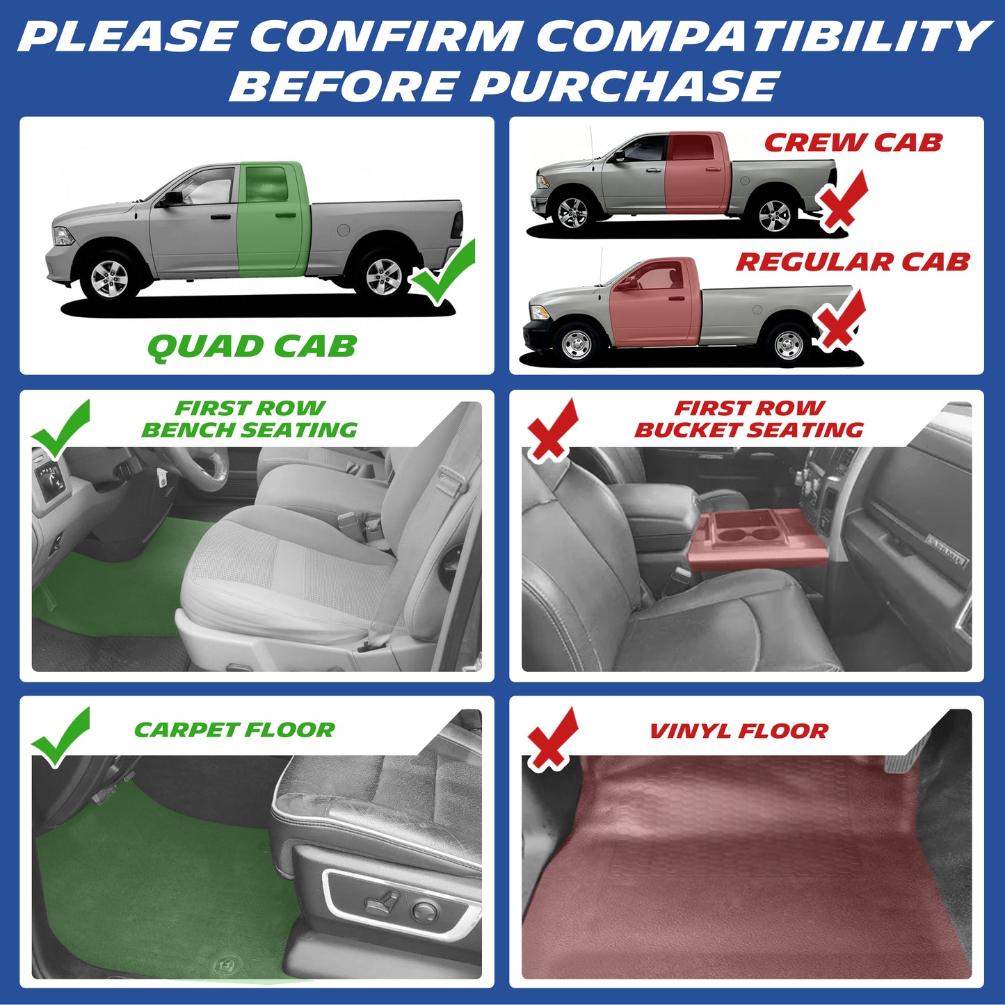 Michelin TPE floor mats, please confirm compatibility before purchase: available for Quad Cab, first row Bench Seat, with carpet floor.