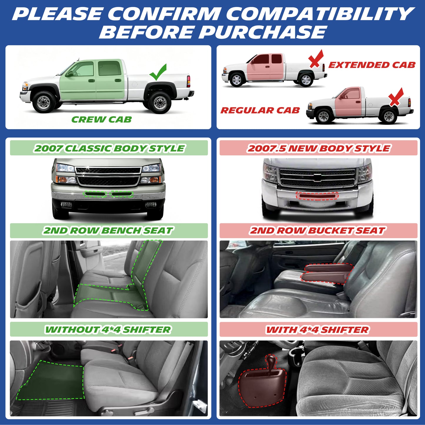 Chevrolet Silverado floor mats compatibility guide showing Double Cab fitment and vehicle configurations