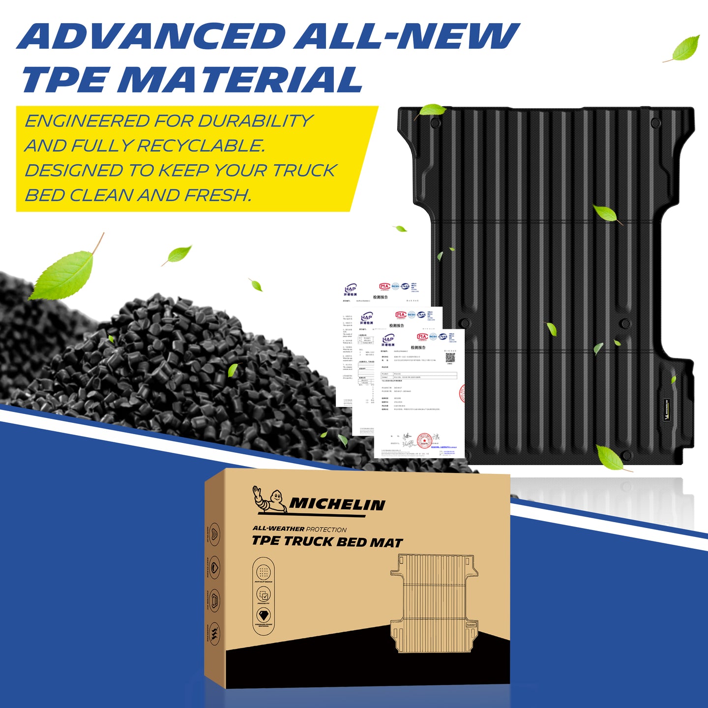 Michelin truck bed liner ad graphic introducing advanced all-new recyclable TPE material