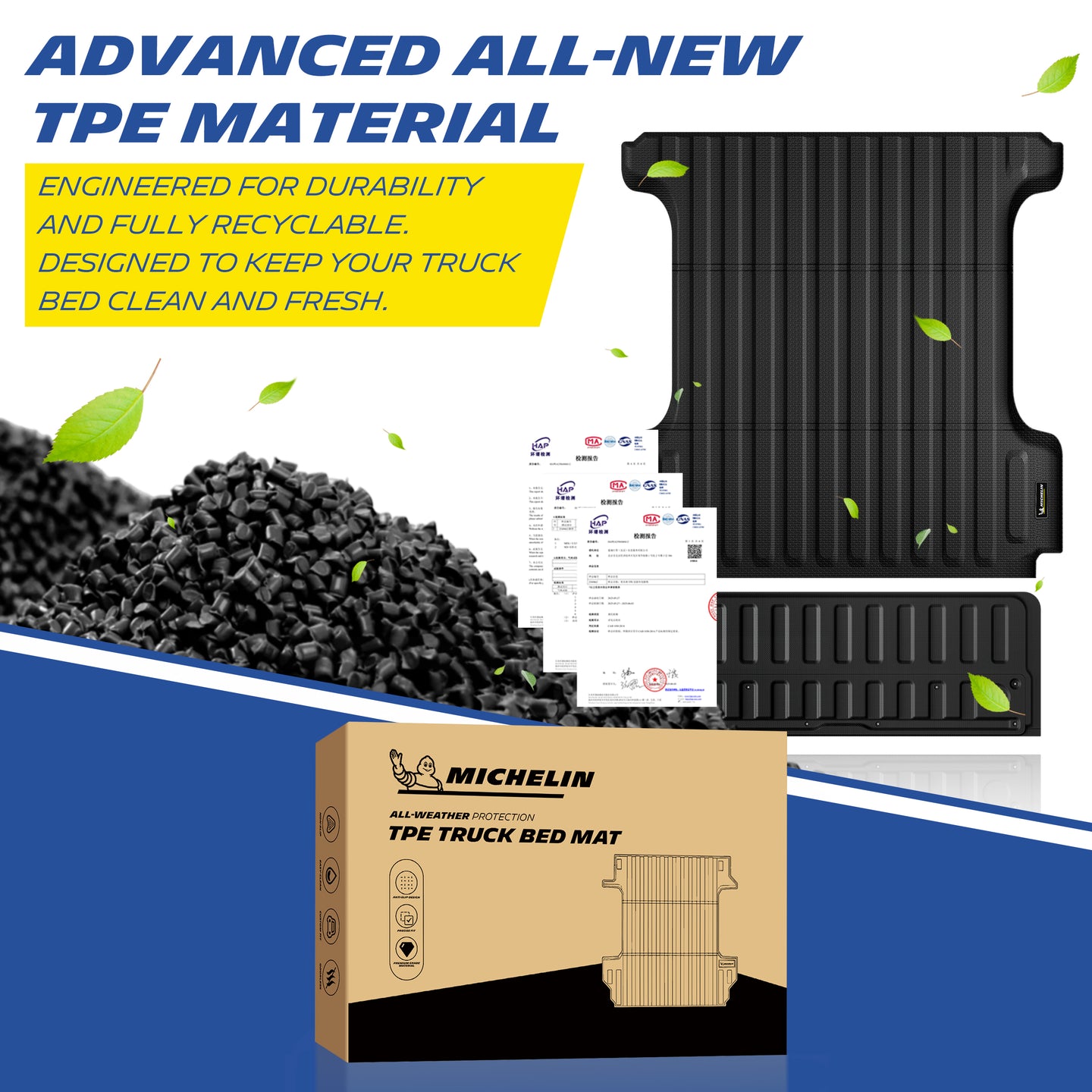 Advanced all-new TPE material black heavy-duty truck bed mat and tailgate mat set. The display features premium black TPE manufacturing pellets alongside official quality inspection reports, highlighting that the product is engineered for exceptional durability and is fully recyclable, designed to keep the truck bed clean, fresh, and environmentally safe.