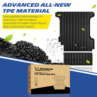 Advanced all-new TPE material black heavy-duty truck bed mat and tailgate mat set. The display features premium black TPE manufacturing pellets alongside official quality inspection reports, highlighting that the product is engineered for exceptional durability and is fully recyclable, designed to keep the truck bed clean, fresh, and environmentally safe.
