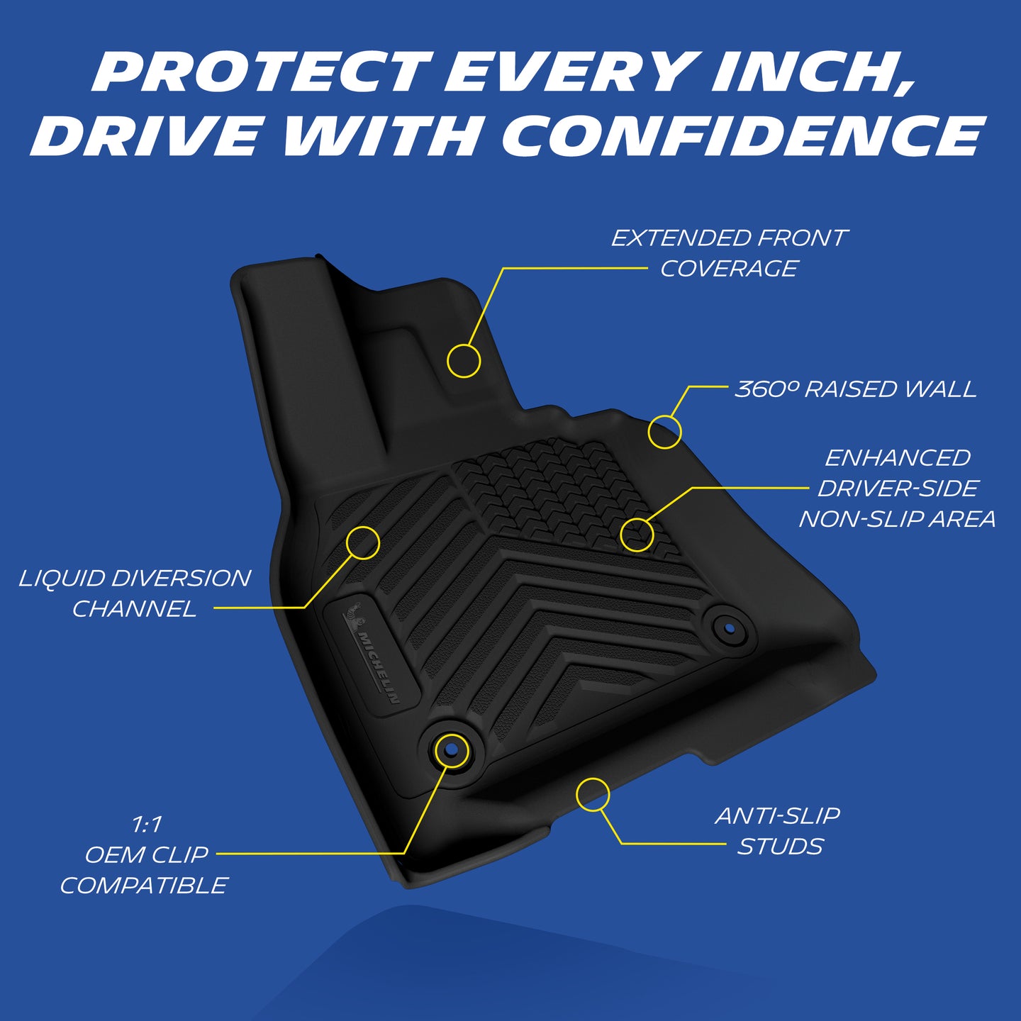 Michelin all-weather TPE floor mats, enhanced driver-side non-slip area, extended front coverage, 360° raised wall, OEM clip compatible with anti-slip studs, liquid diversion channel, heavy-duty and easy to install with precise fit guaranteed, trim if needed. Folded for packaging, lay flat in sun for 1-2 days or rinse with warm water to remove wrinkles, mat will return to original shape.