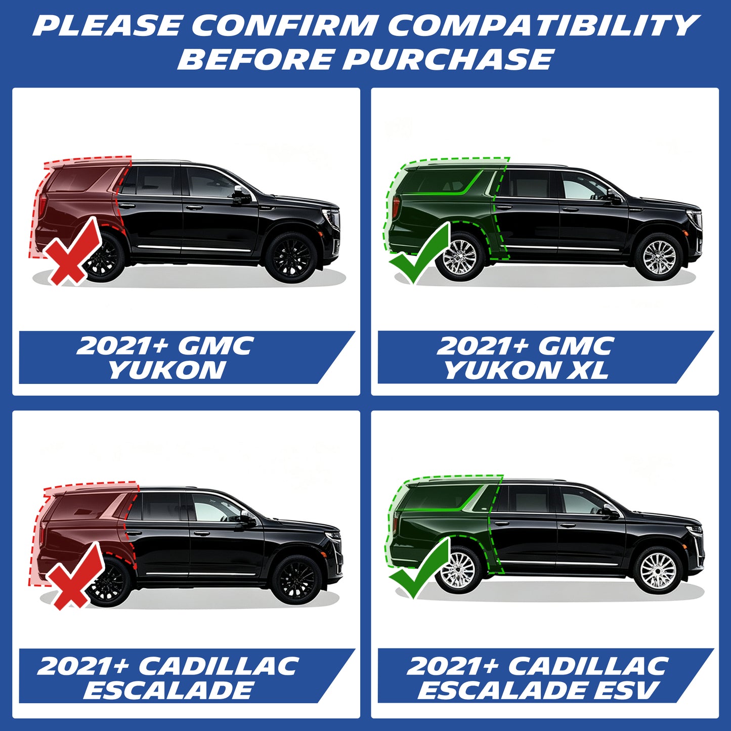 Michelin mat compatibility chart, Yukon vs Yukon XL, Escalade vs Escalade ESV long‑wheelbase comparison