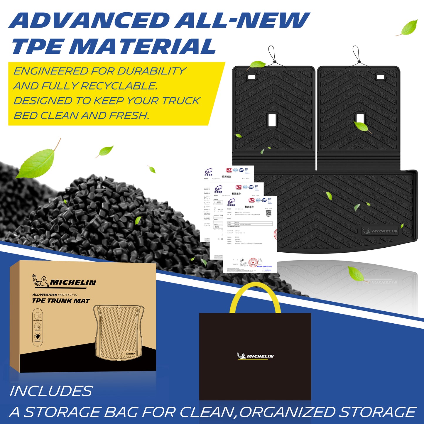 Advanced new TPE material Michelin trunk mat set, durable & recyclable, comes with storage bag and branded packaging.