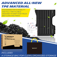 Michelin all-weather TPE truck bed mat, made from advanced all-new TPE material, engineered for durability and fully recyclable, keeps truck bed clean and fresh, all-weather protection, includes a storage bag for clean organized storage.