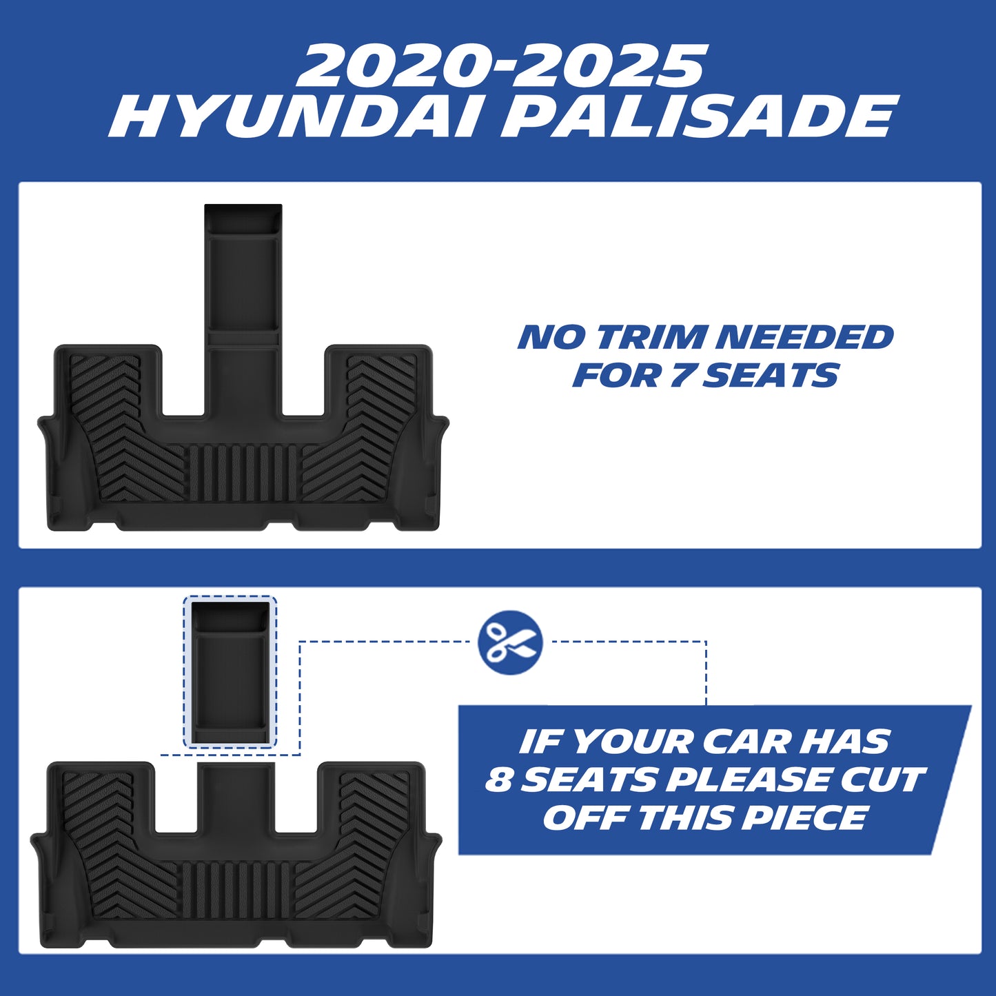 2-in-1 rear mat for 2020-2025 Palisade: fits 7-seat directly; cut the middle section for 8-seat version