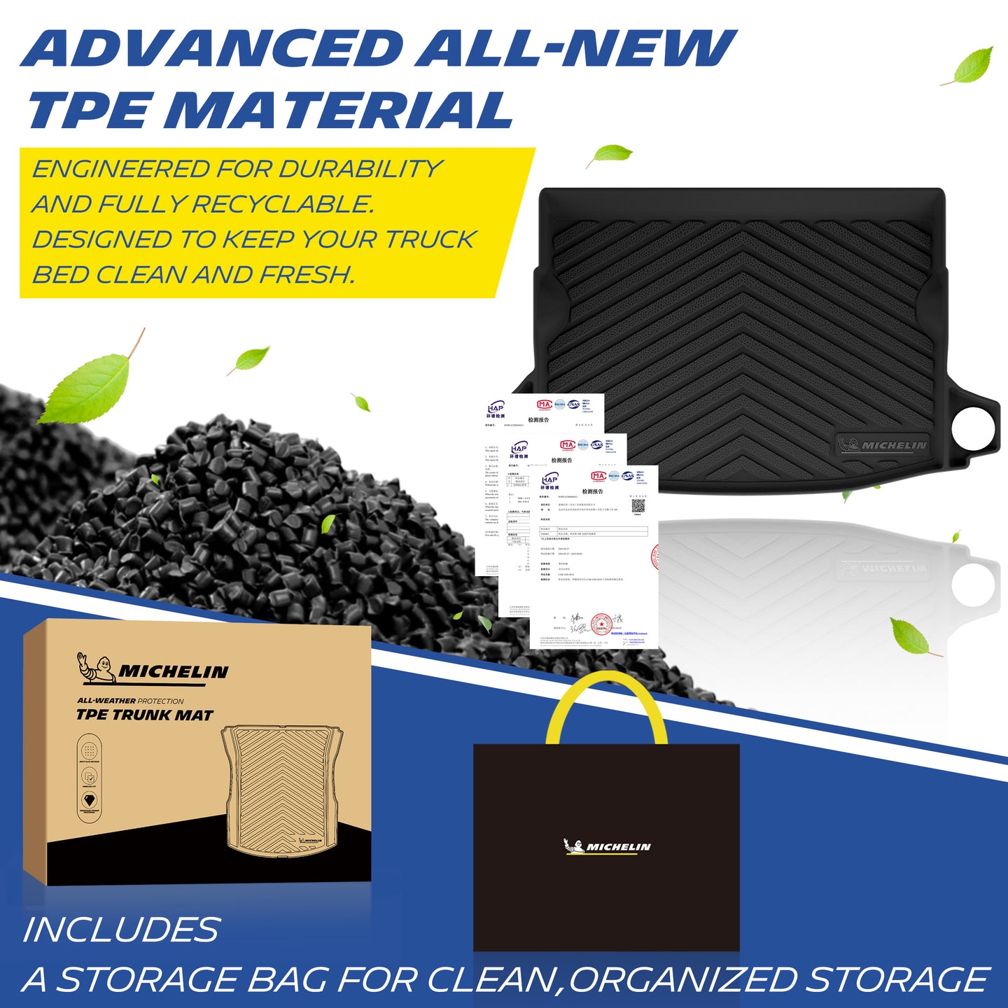 New recyclable odor-free TPE trunk mat raw material display, Michelin retail box and storage bag included