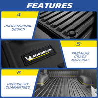 Michelin TPE truck bed mat three key advantages: professional design with precise fit, Michelin premium grade TPE material durable and eco-friendly, custom-fit guaranteed for no shifting.