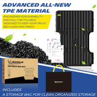 Michelin all-weather TPE truck bed mat, made from advanced all-new TPE material, engineered for durability and fully recyclable, keeps truck bed clean and fresh, all-weather protection, includes a storage bag for clean organized storage.