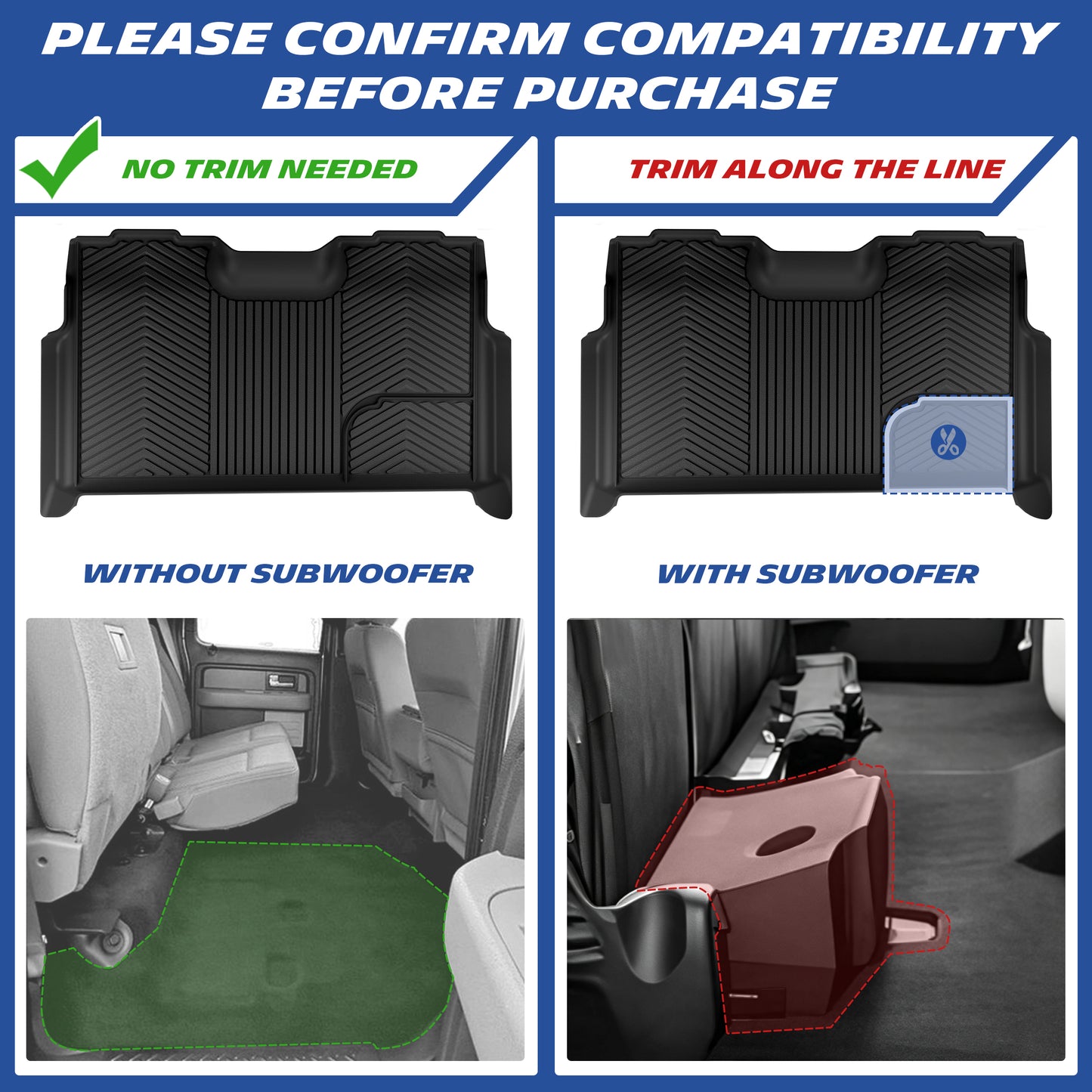 Rear floor mat compatibility guide: no trimming required for trucks without subwoofer; cut the marked section if your vehicle is equipped with a subwoofer.