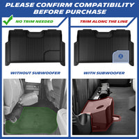 Rear floor mat compatibility guide: no trimming required for trucks without subwoofer; cut the marked section if your vehicle is equipped with a subwoofer.