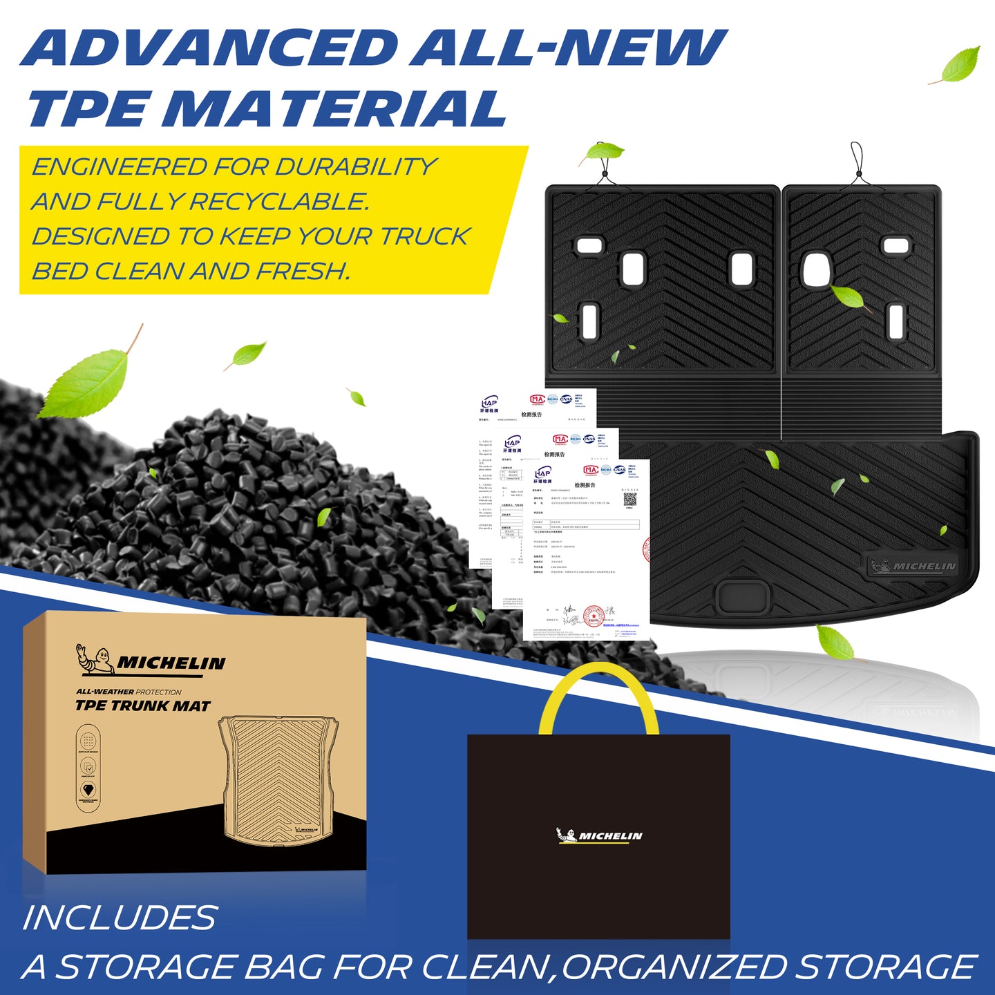 Michelin all-weather TPE trunk mat, made from advanced all-new TPE material, engineered for durability and fully recyclable, keeps trunk bed clean and fresh, all-weather protection, includes a storage bag for clean organized storage.