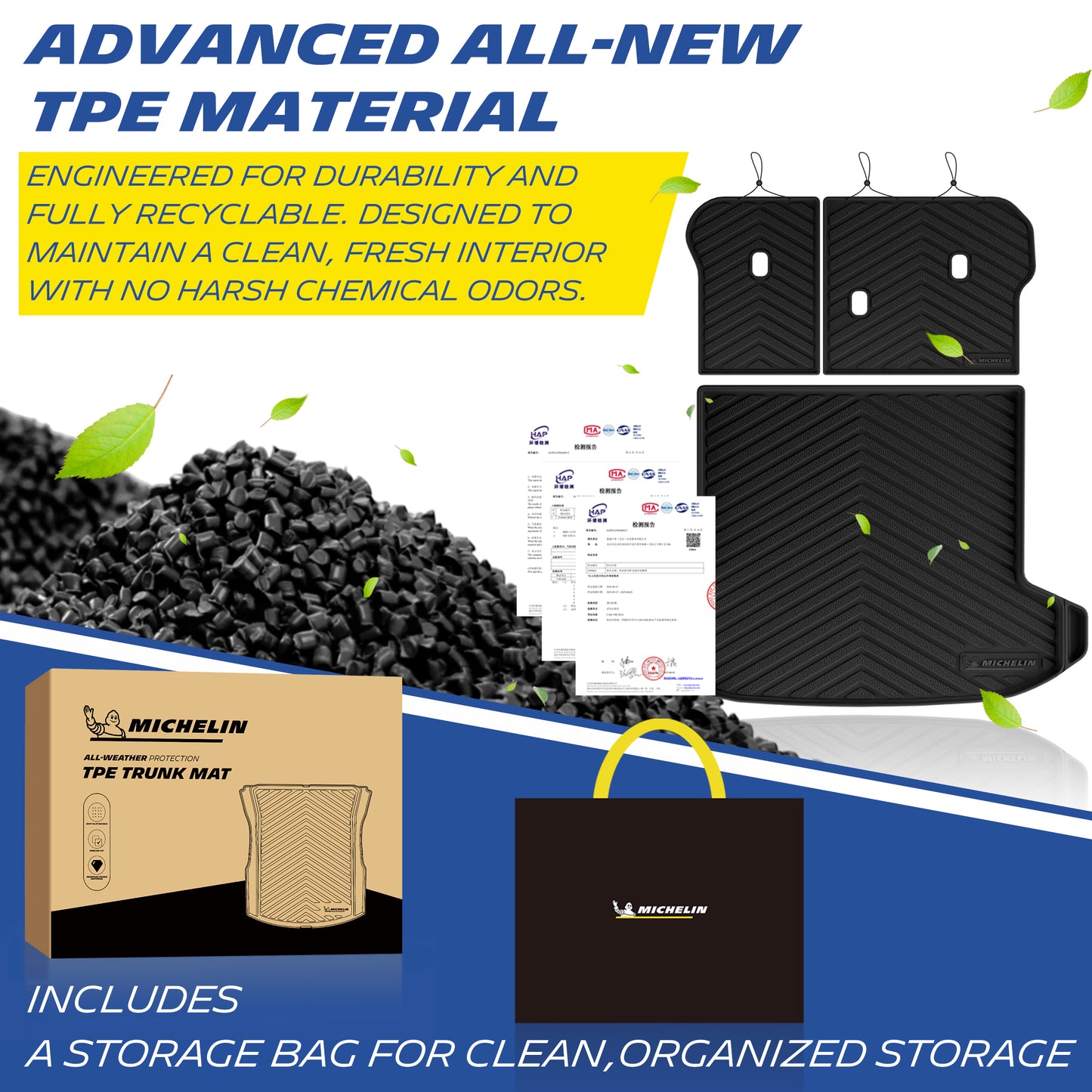 Eco-friendly durable TPE trunk mat set display, Michelin retail box and included storage bag