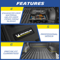 Michelin TPE truck bed mat three key features: enhanced-grip material helps keep items from sliding, professional design with Michelin branding, precise fit guaranteed for perfect cargo bed coverage.