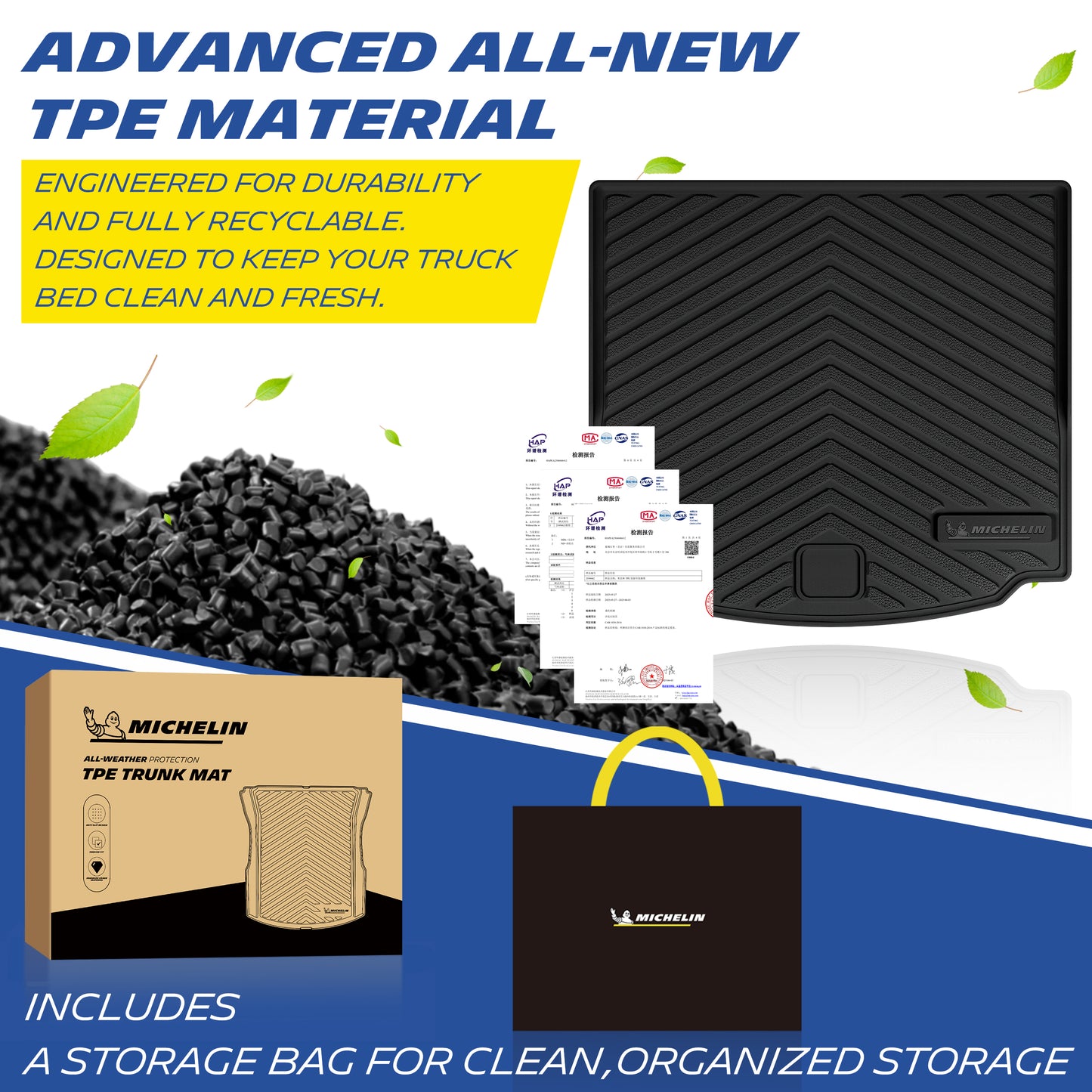 Michelin all-weather TPE trunk mat, made from advanced all-new TPE material, engineered for durability and fully recyclable, keeps trunk bed clean and fresh, all-weather protection, includes a storage bag for clean organized storage.