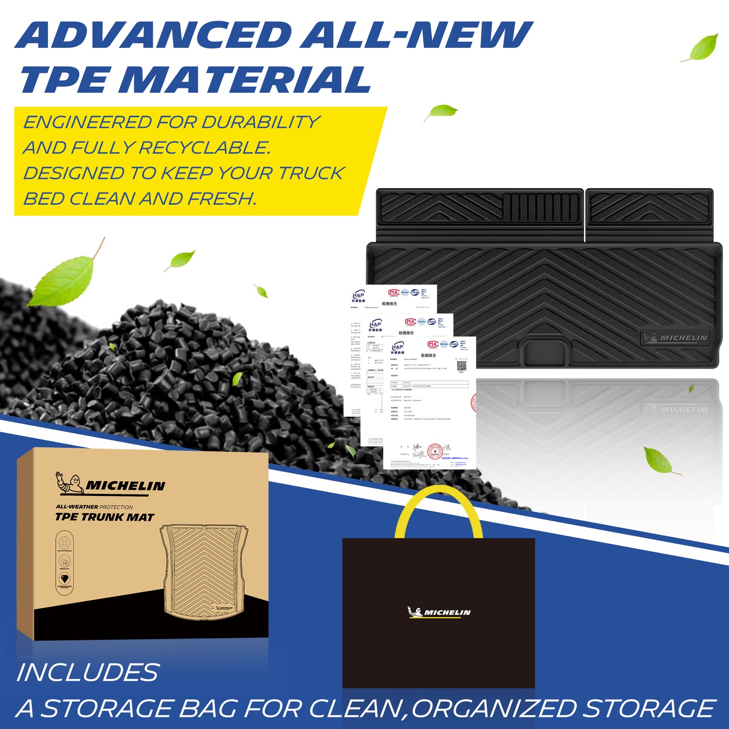 Michelin all-weather TPE trunk mat, made from advanced all-new TPE material, engineered for durability and fully recyclable, keeps trunk bed clean and fresh, all-weather protection, includes a storage bag for clean organized storage.
