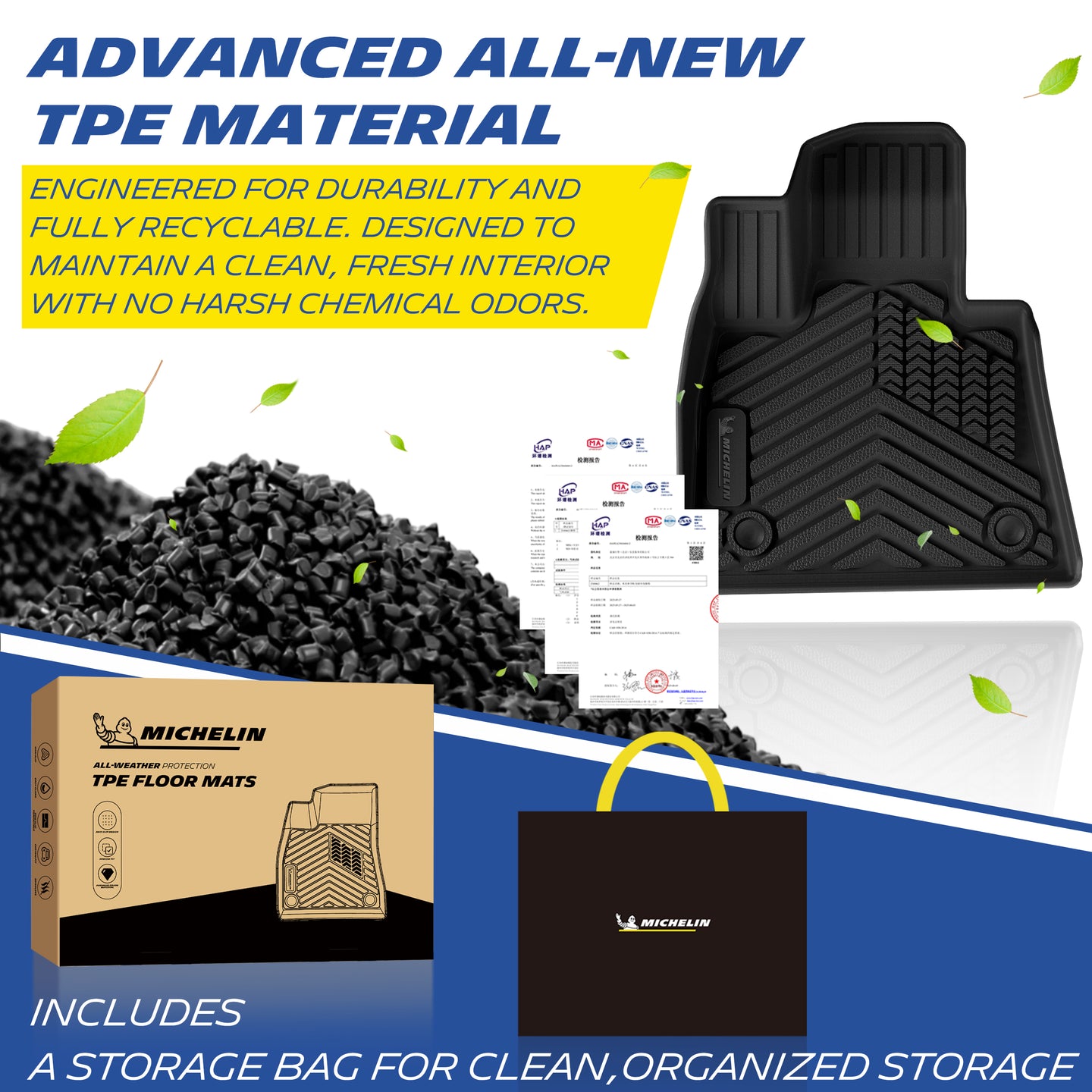 Premium odor-free recyclable TPE floor mat material display with Michelin packaging and matching storage tote bag