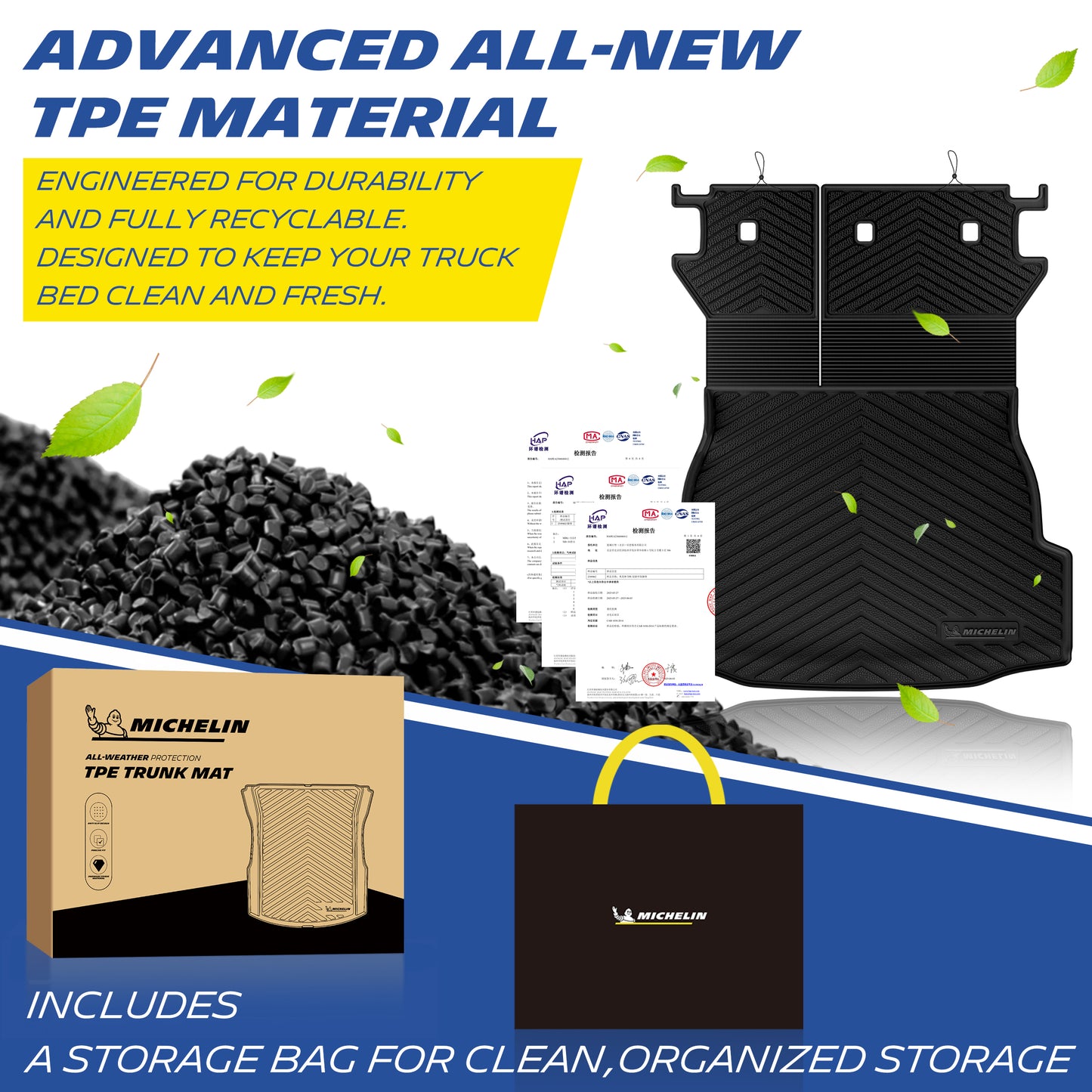 New durable recyclable odor‑free TPE trunk mat material, test certificates, retail box and storage bag