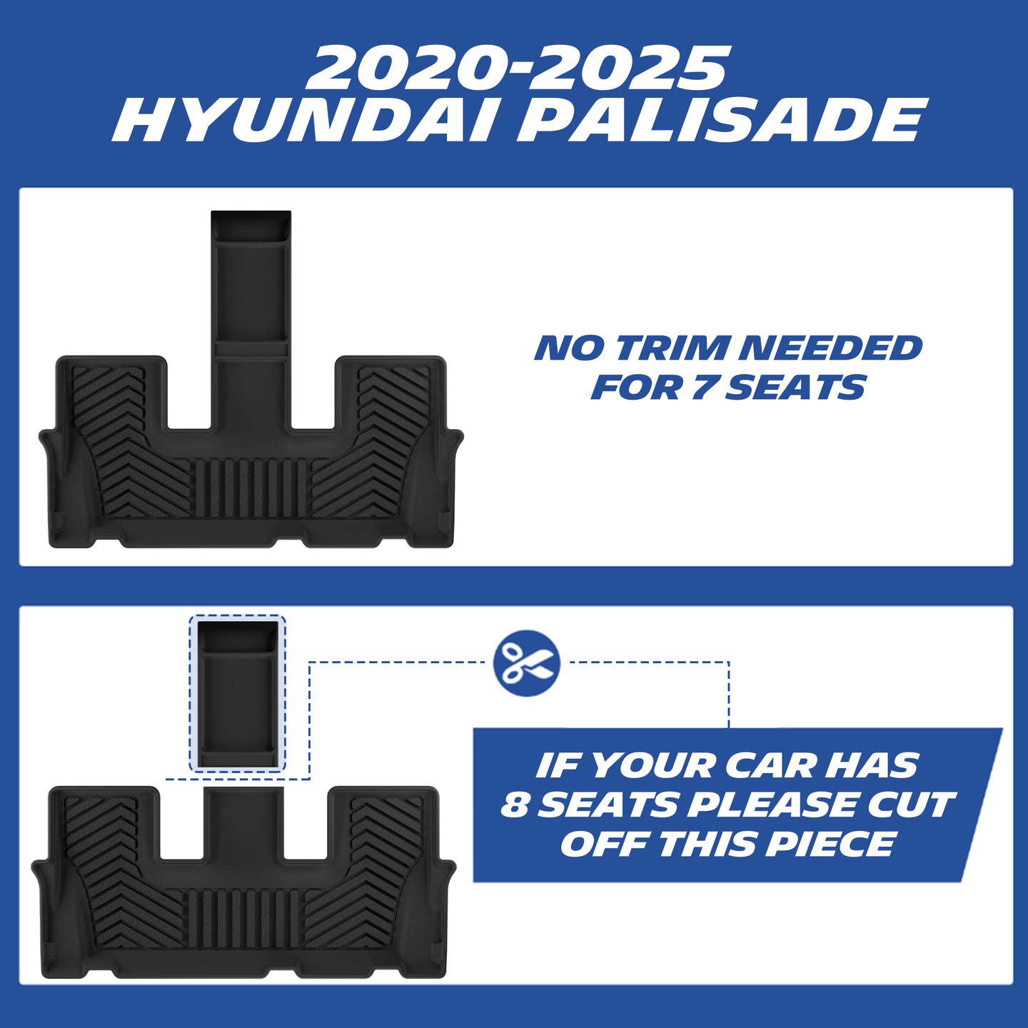 Third row mat trim guide for 2020-2025 Hyundai Palisade, pre-cut for 7-seat, removable section for 8-seat