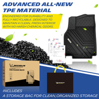 Michelin all-weather TPE floor mats, made from advanced all-new TPE material, engineered for durability and fully recyclable, maintains clean fresh interior with no harsh chemical odors, all-weather protection, includes a storage bag for clean organized storage.