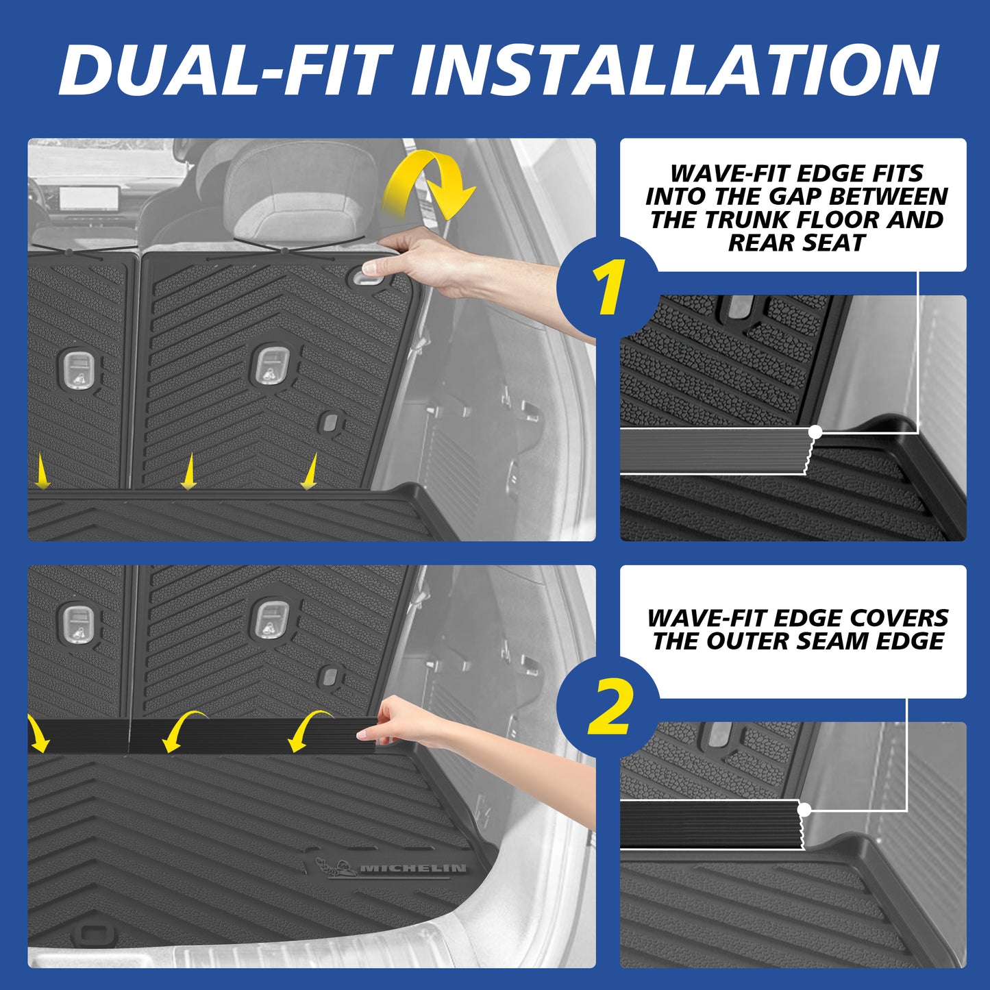 Dual-fit installation guide for Michelin TPE cargo liner; wave-fit edge can fit into trunk-seat gap or cover outer seam edge.