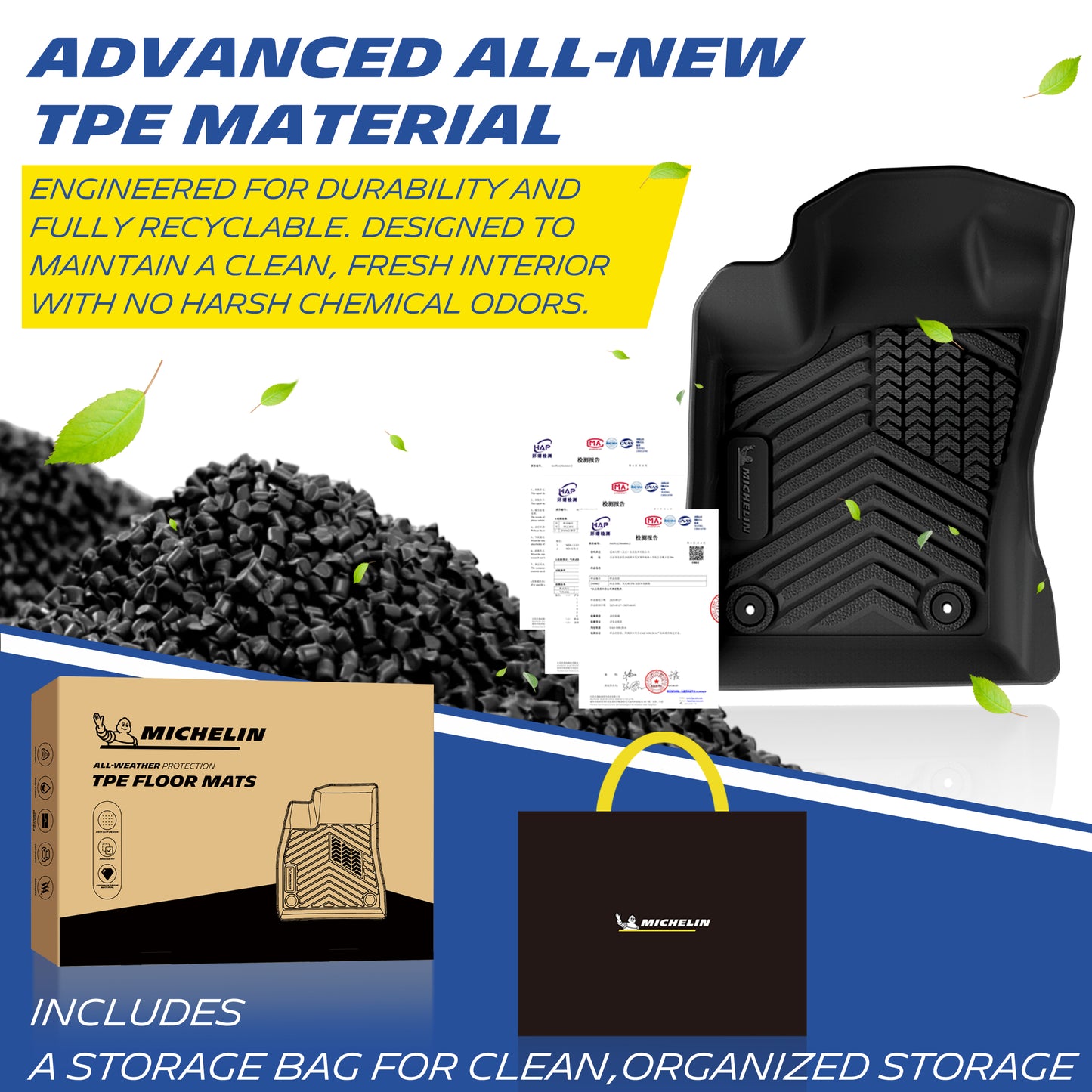 Premium odorless recyclable TPE material for Michelin floor mats, comes with storage carry bag