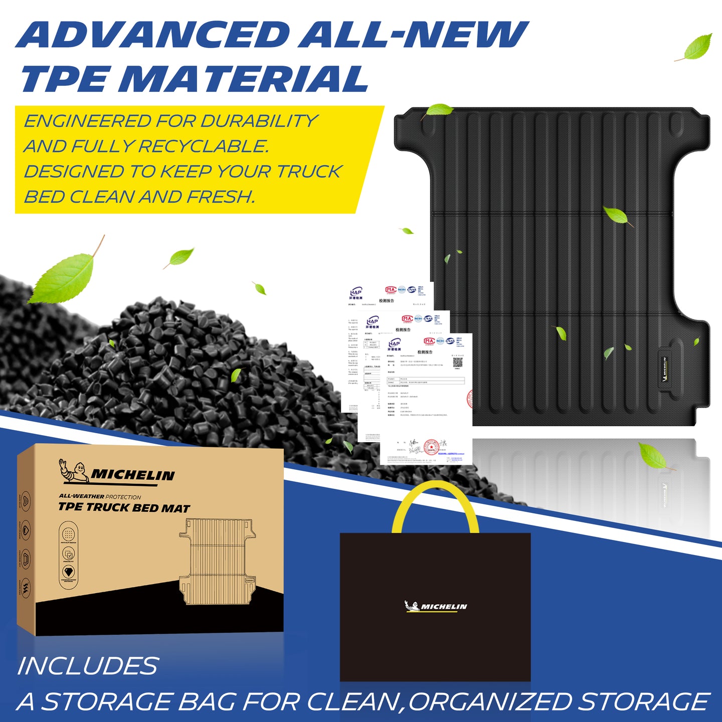 Michelin all-weather TPE floor mats, made from advanced all-new TPE material, engineered for durability and fully recyclable, maintains clean fresh interior with no harsh chemical odors, all-weather protection, includes a storage bag for clean organized storage.