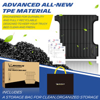 Michelin all-weather TPE floor mats, made from advanced all-new TPE material, engineered for durability and fully recyclable, maintains clean fresh interior with no harsh chemical odors, all-weather protection, includes a storage bag for clean organized storage.